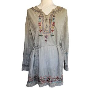 Johnny Was Workshop Embroidered Tunic Top Long Sleeve V Neck‎ Tie Waist Boho XS